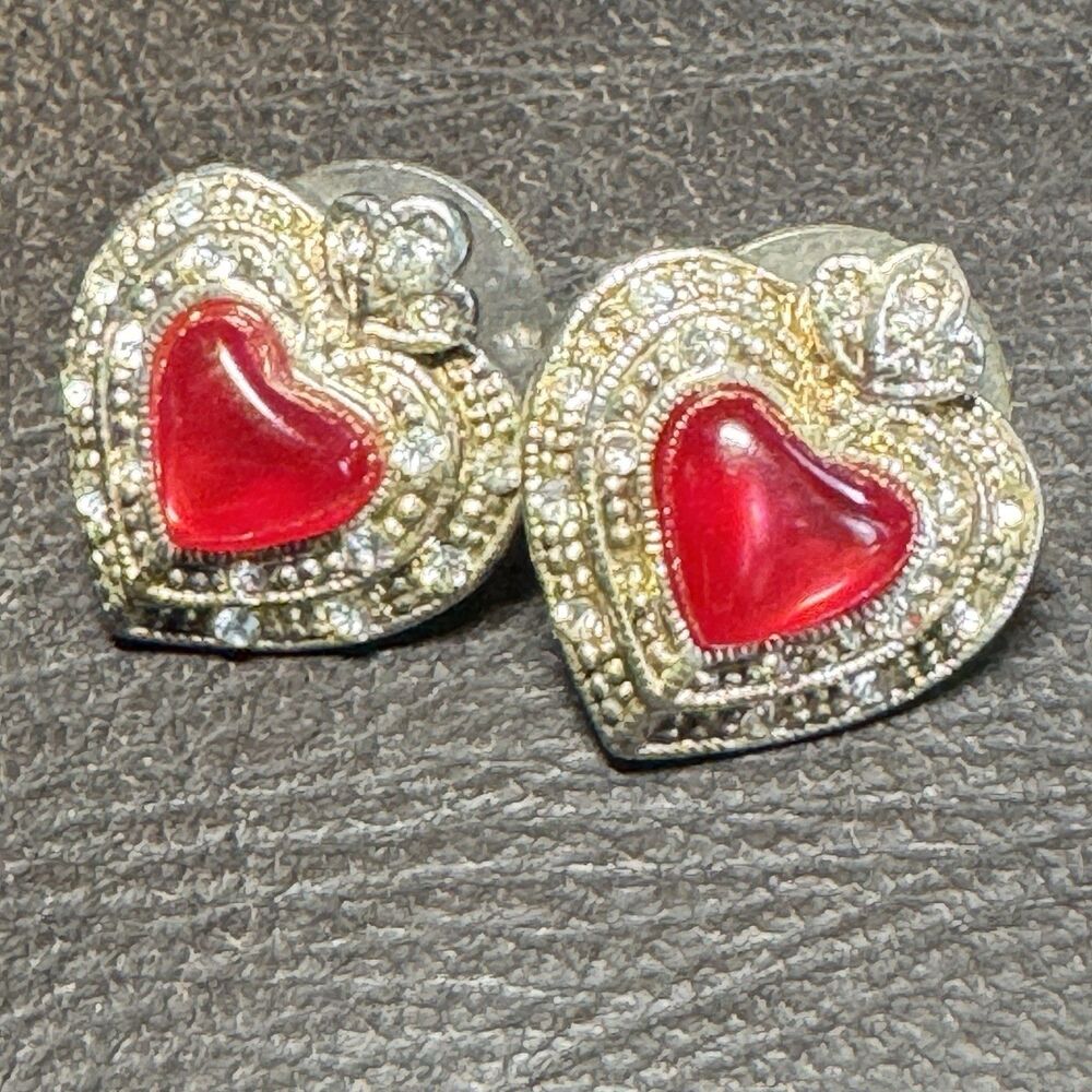 Vintage Best Products Earrings Red Heart Studs w 2 Tiered Clear Gemstones